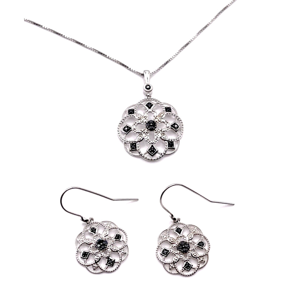 Sterling Silver 0.20 CT TW Black diamond Necklace and Earrings Set